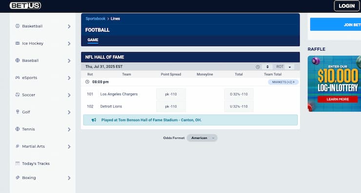 An image of the betting screen from BetUS, a popular online sportsbook for NFL betting promotions.
